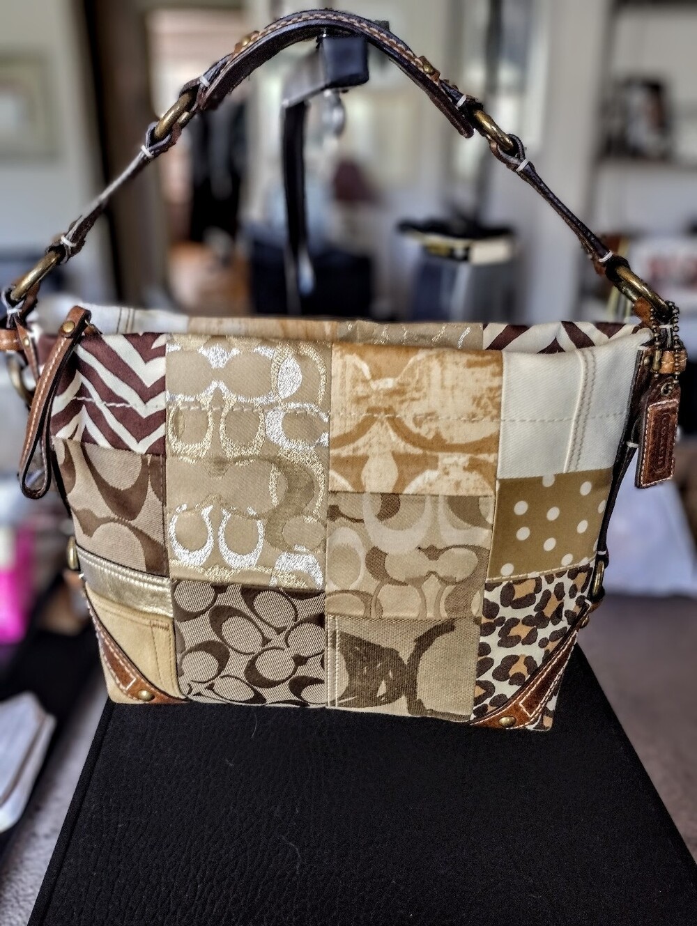 Vintage Coach Carly 10814 Tan, Gold Patchwork Hobo Shoulder Bag with Hangtag